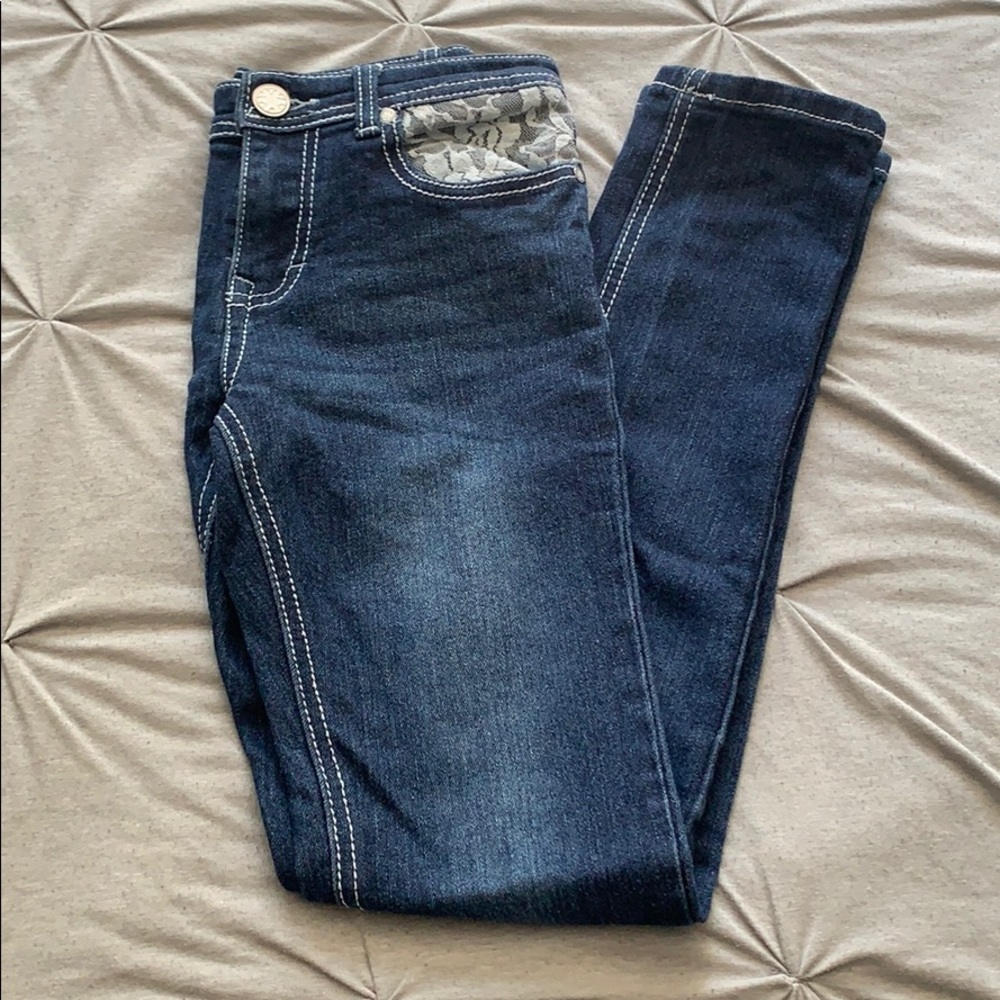 Dark wash jeans with lace detailing
